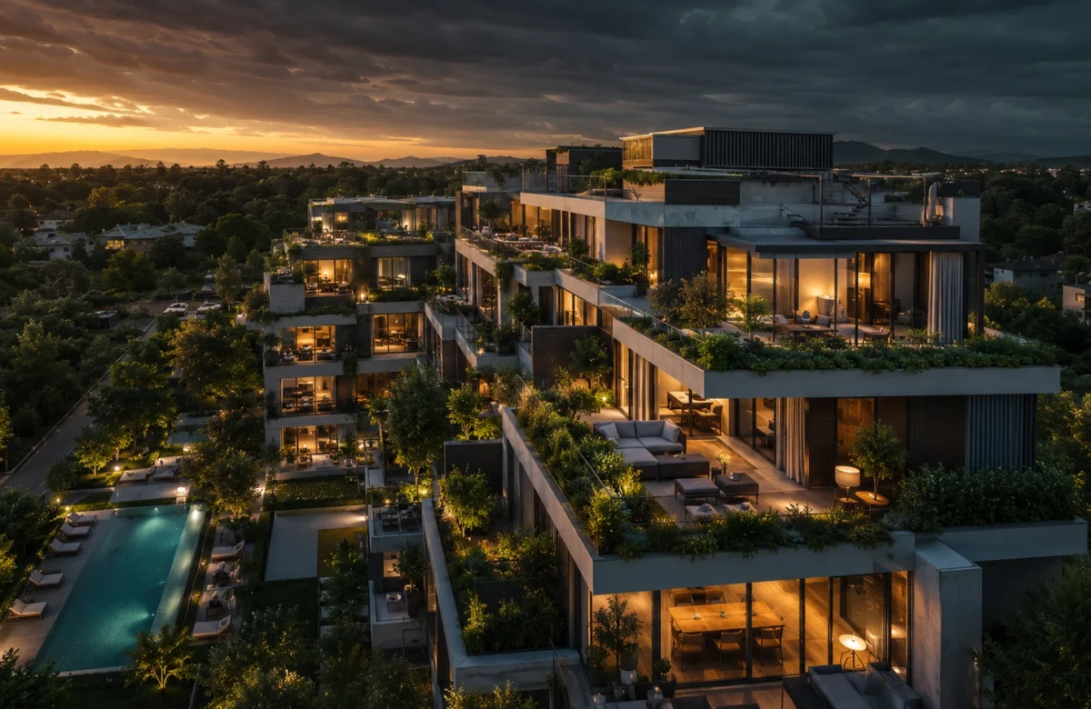Stormy dusk over luxury residential complex