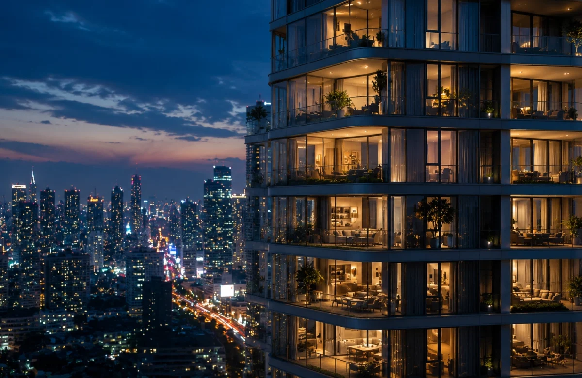 Twilight cityscape with modern high-rise